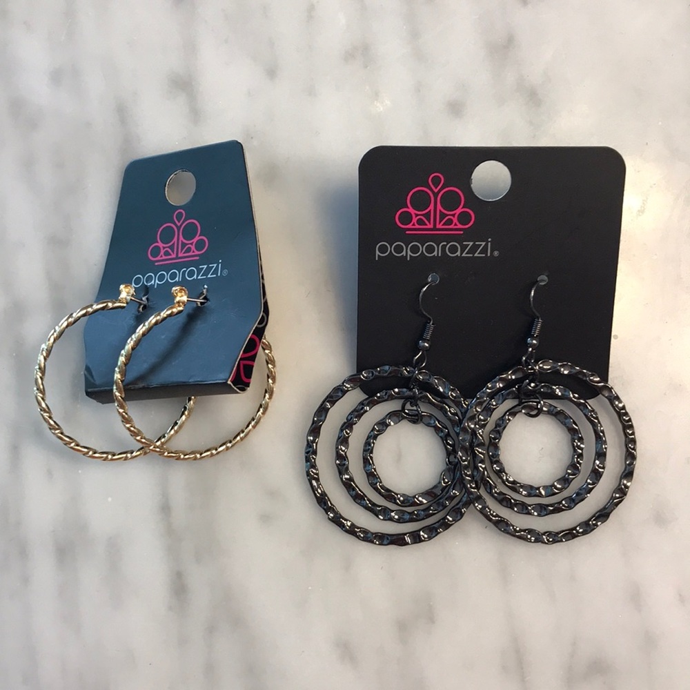 Set of 2 Black Gold Textured Paparazzi Hoop Earrings